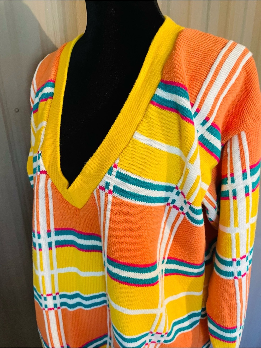 VTG 80s 90s Sweater OS Slouchy Bold Colorful Oversized Eccentric V Neck USA